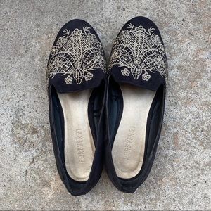 Embroidered Faux Suede Smoking Slippers Flats
